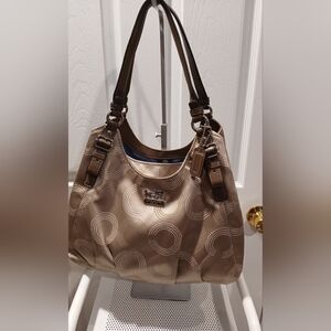 Coach Beige Signature Shoulder Bag with Brown Trim